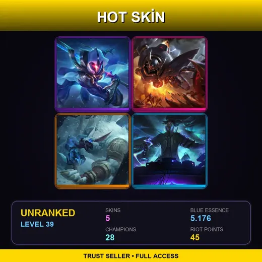 VN | Cosmic Blade Master Yi | Lancer Rogue Blitzcrank | Tundra Hunter Warwick | True Damage Yasuo | 5 Skin | 28 Champ | Lv39 — Ruined Draven