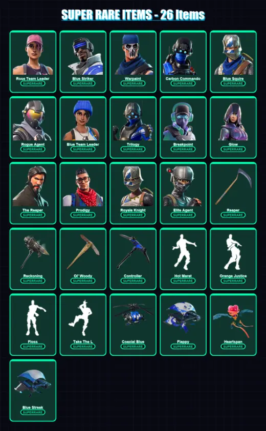 [PC/XBOX/PSN] | Rose Team Leader | Blue Striker | Warpaint | Carbon Commando | Blue Squire | 114 skin | 80 pickaxe | 138 emote | 87 glider | Lv874