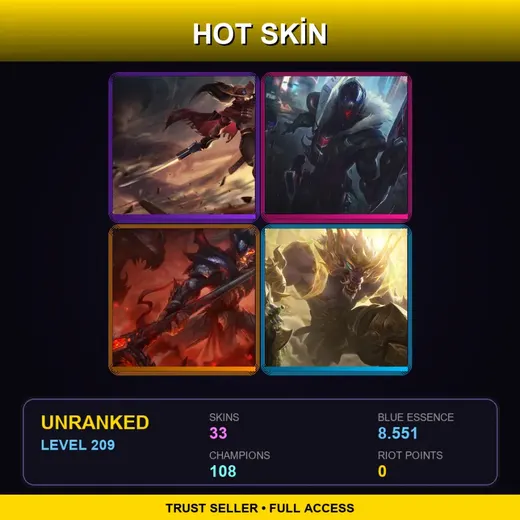 LAN | High Noon Yasuo | PROJECT: Jhin | Dragonslayer Xin Zhao | Lunar Guardian Warwick | 33 Skin | 108 Champ | Lv209