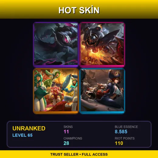 LAN | Old God Warwick | Lancer Rogue Blitzcrank | Pajama Guardian Ezreal | Waterloo Miss Fortune | 11 Skin | 28 Champ | Lv65