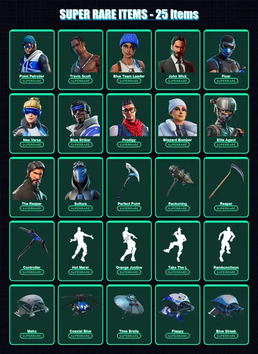 [PC] | Point Patroller | Travis Scott | Blue Team Leader | John Wick | Fixer | 126 skin | 202 pickaxe | 137 emote | 155 glider | Lv4655