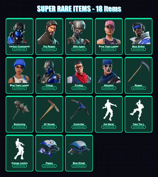 [PS4/PS5/XBOX/PC] | Carbon Commando | The Reaper | Elite Agent | Rose Team Leader | Blue Striker | 71 skin | 53 pickaxe | 83 emote | 55 glider | Lv6