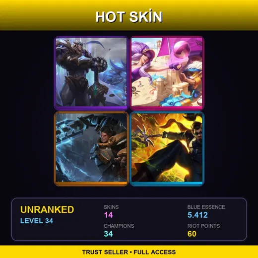 EUNE | God-King Garen | Pool Party Heimerdinger | Steel Legion Garen | Secret Agent Xin Zhao | 14 Skin | 34 Champ | Lv34