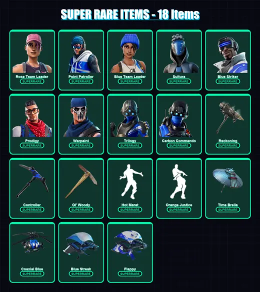 [PS4/PS5/PC] | Rose Team Leader | Point Patroller | Blue Team Leader | Sultura | Blue Striker | 86 skin | 97 pickaxe | 78 emote | 92 glider | Lv1114