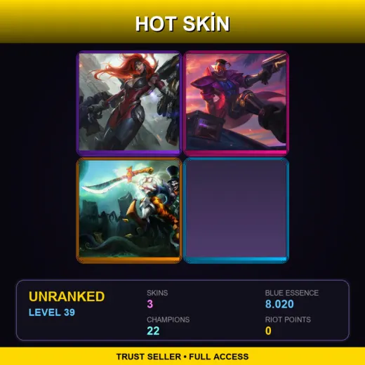 EUW | Gun Goddess Miss Fortune | Demacia Vice Lucian | Mad Hatter Shaco | 3 Skin | 22 Champ | Lv39