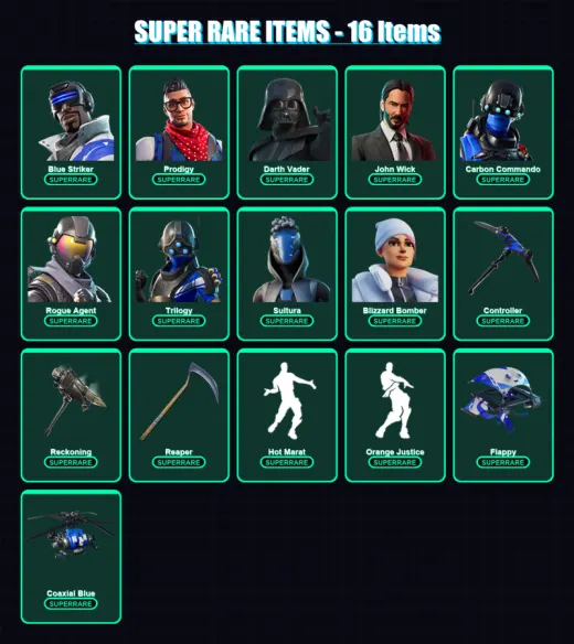 [PS4/PS5/XBOX/PC] | Blue Striker | Prodigy | Darth Vader | John Wick | Carbon Commando | 238 skin | 223 pickaxe | 155 emote | 177 glider | Lv2124