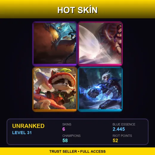 OCE | Dragonslayer Vayne | Huntress Sivir | Badger Teemo | Frosted Ezreal | 6 Skin | 58 Champ | Lv31