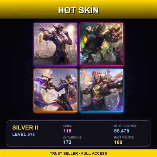 LAS | Victorious Twisted Fate | Victorious Blitzcrank | Victorious Fiora | Victorious Draven | 119 Skin | 172 Champ | Silver II | Lv518