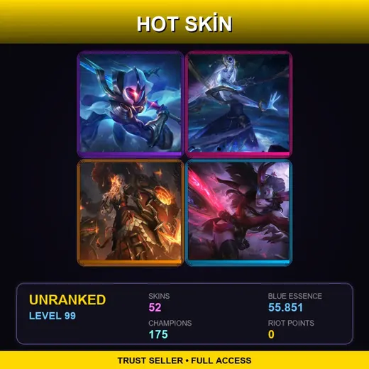 VN | Cosmic Blade Master Yi | High Noon Leona | Blood Moon Sivir | Elderwood Veigar | 52 Skin | 175 Champ | Lv99