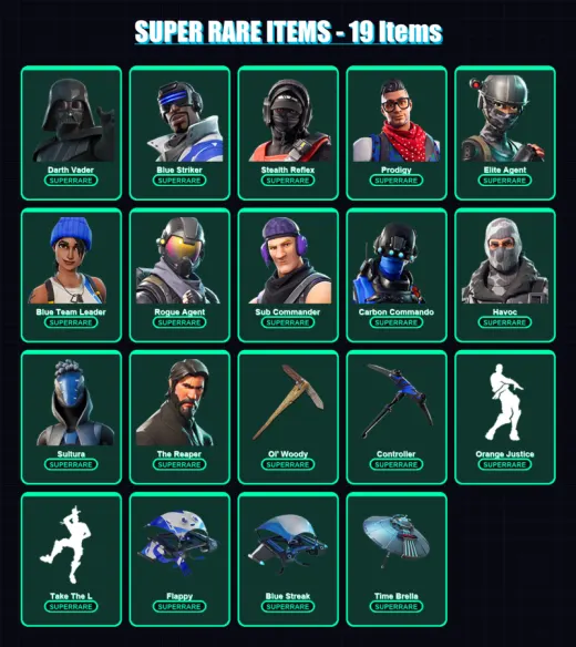 [PC/XBOX/PSN] | Darth Vader | Blue Striker | Stealth Reflex | Prodigy | Elite Agent | 72 skin | 75 pickaxe | 76 emote | 75 glider | Lv1055