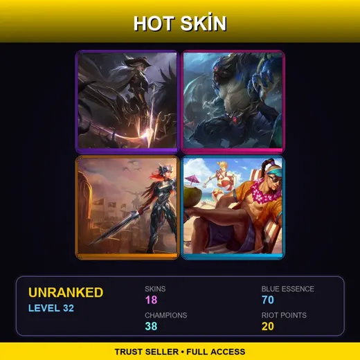 LAS | High Noon Ashe | Dragon Oracle Udyr | Iron Solari Leona | Pool Party Lee Sin | 18 Skin | 38 Champ | Lv32