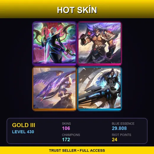 RU | Prestige Empyrean Kayle | Victorious Tryndamere | Victorious Anivia | Battle Academia Caitlyn | 106 Skin | 172 Champ | Gold III | Lv430