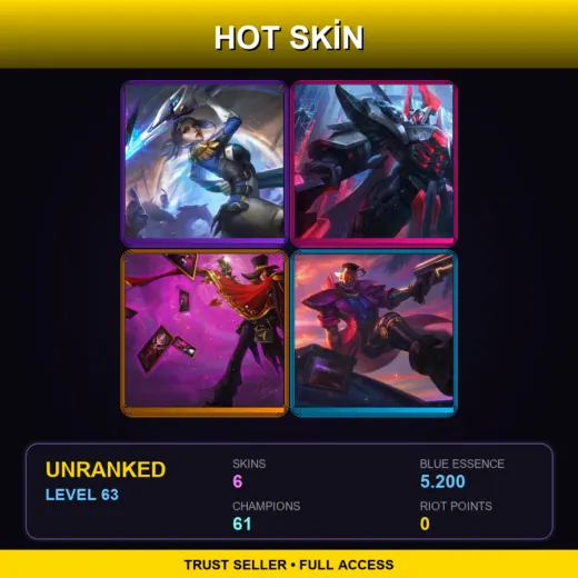 EUW | Pulsefire Fiora | PROJECT: Mordekaiser | The Magnificent Twisted Fate | Demacia Vice Lucian | 6 Skin | 61 Champ | Lv63