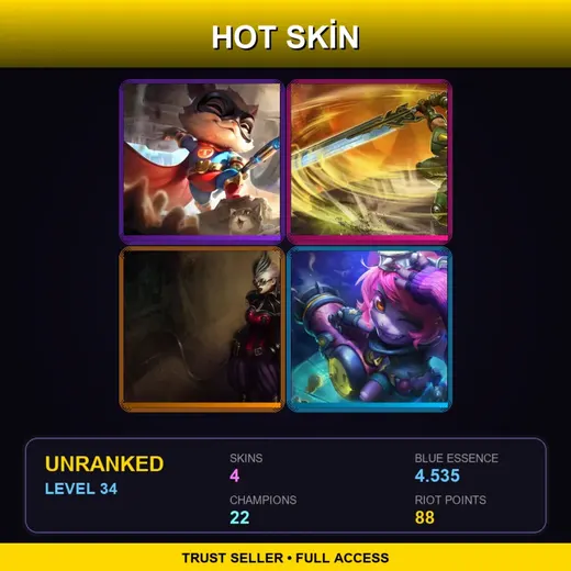 LAN | Super Teemo | Commando Garen | Aristocrat Vayne | Riot Girl Tristana | 4 Skin | 22 Champ | Lv34 — Aristocrat Vayne