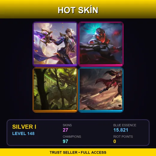 SG | Victorious Fiora | PROJECT: Akali | Elderwood Hecarim | High Noon Yasuo | 27 Skin | 97 Champ | Silver I | Lv148