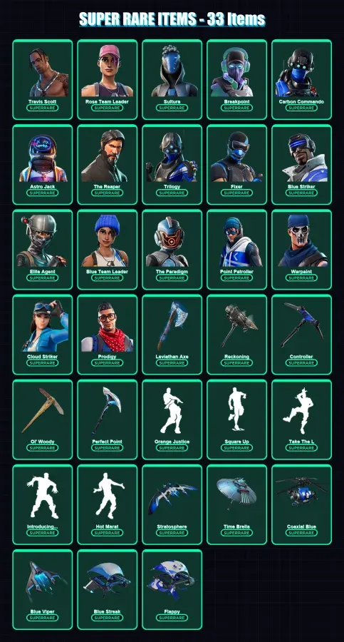 [PS4/PS5/XBOX/PC] | Travis Scott | Rose Team Leader | Sultura | Breakpoint | Carbon Commando | 103 skin | 86 pickaxe | 88 emote | 82 glider | Lv1025