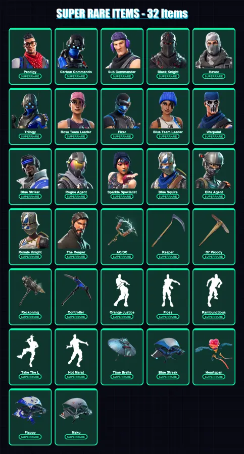 [PC/XBOX] | Prodigy | Carbon Commando | Sub Commander | Black Knight | Havoc | 226 skin | 221 pickaxe | 223 emote | 161 glider | Lv2192
