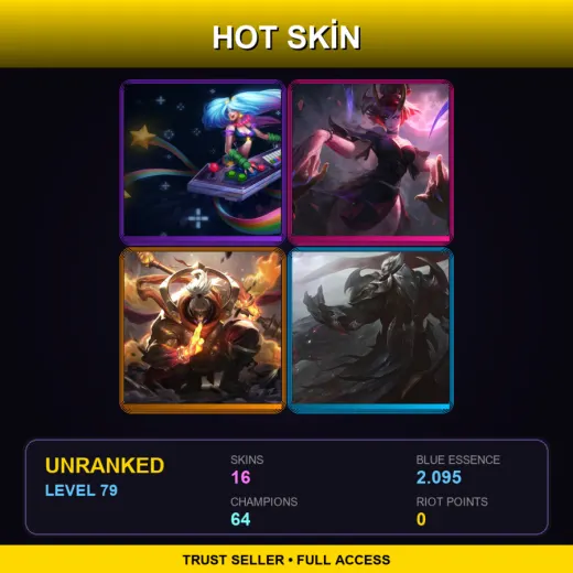 LAS | Arcade Sona | Blood Moon Evelynn | God Staff Jax | God-King Darius | 16 Skin | 64 Champ | Lv79