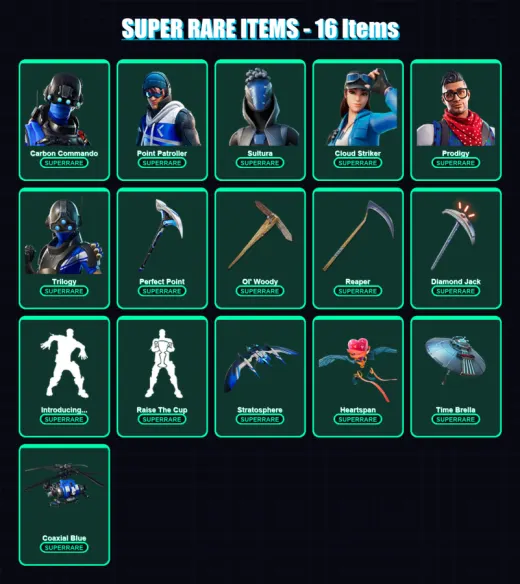 [PS4/PS5/XBOX/PC] | Carbon Commando | Point Patroller | Sultura | Cloud Striker | Prodigy | 109 skin | 129 pickaxe | 131 emote | 113 glider | Lv1802