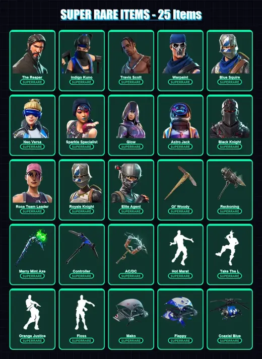 [PC/XBOX/PSN] | The Reaper | Indigo Kuno | Travis Scott | Warpaint | Blue Squire | 102 skin | 94 pickaxe | 91 emote | 95 glider | Lv1365