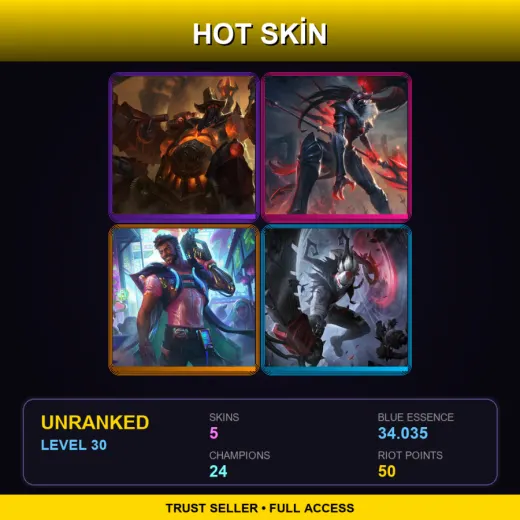 TW | High Noon Urgot | Marauder Kalista | Cyber Pop Akshan | Fright Night Draven | 5 Skin | 24 Champ | Lv30