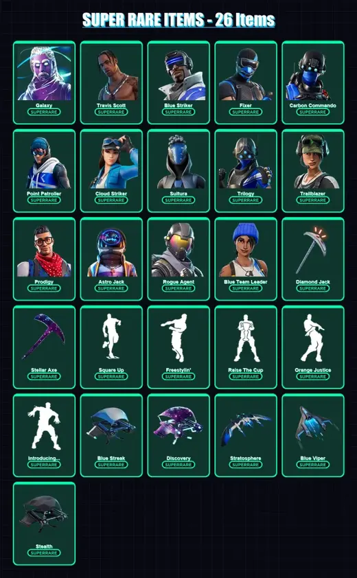 [PS4/PS5/XBOX/PC] | Galaxy | Travis Scott | Blue Striker | Fixer | Carbon Commando | 103 skin | 94 pickaxe | 88 emote | 86 glider | Lv1180