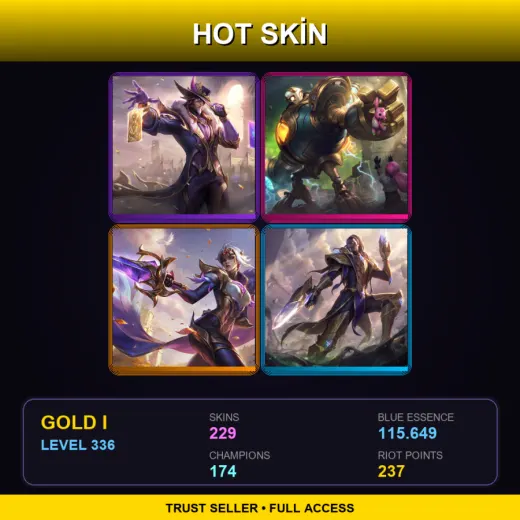 SG | Victorious Twisted Fate | Victorious Blitzcrank | Victorious Fiora | Victorious Lucian | 229 Skin | 174 Champ | Gold I | Lv336