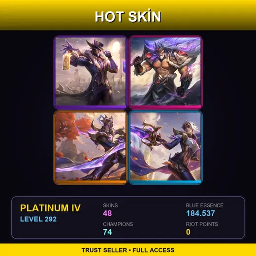 LAN | Victorious Twisted Fate | Victorious Tryndamere | Victorious Master Yi | Victorious Fiora | 48 Skin | 74 Champ | Platinum IV | Lv292