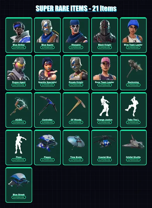 [PC] | Blue Striker | Blue Squire | Warpaint | Black Knight | Blue Team Leader | 76 skin | 90 pickaxe | 72 emote | 90 glider | Lv943