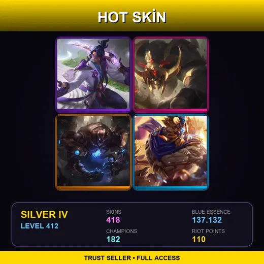 VN | Prestige Spirit Blossom Master Yi | Conqueror Alistar | Hextech Galio | Victorious Maokai | 418 Skin | 182 Champ | Silver IV | Lv412