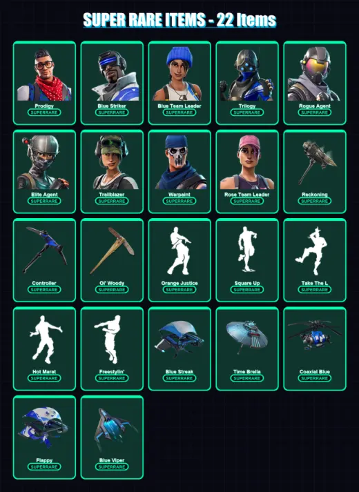 [PS4/PS5/XBOX/PC] | Prodigy | Blue Striker | Blue Team Leader | Trilogy | Rogue Agent | 255 skin | 262 pickaxe | 230 emote | 161 glider | Lv2006