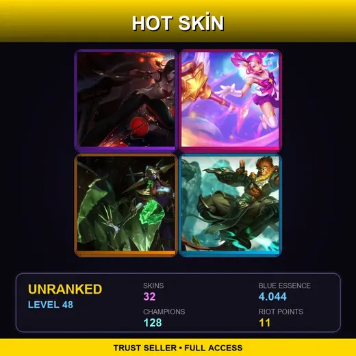 EUW | Warring Kingdoms Katarina | Star Guardian Lux | Blade Queen Lissandra | Jade Dragon Wukong | 32 Skin | 128 Champ | Lv48