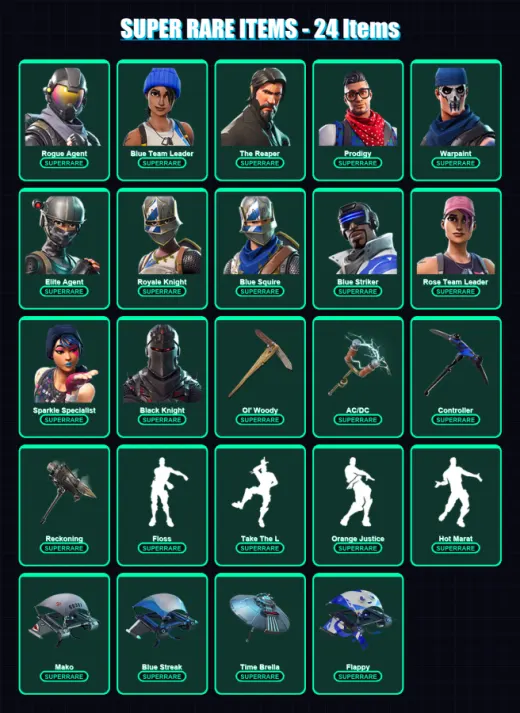 [PS4/PS5/XBOX/PC] | Rogue Agent | Blue Team Leader | The Reaper | Prodigy | Warpaint | 75 skin | 114 pickaxe | 89 emote | 99 glider | Lv1739