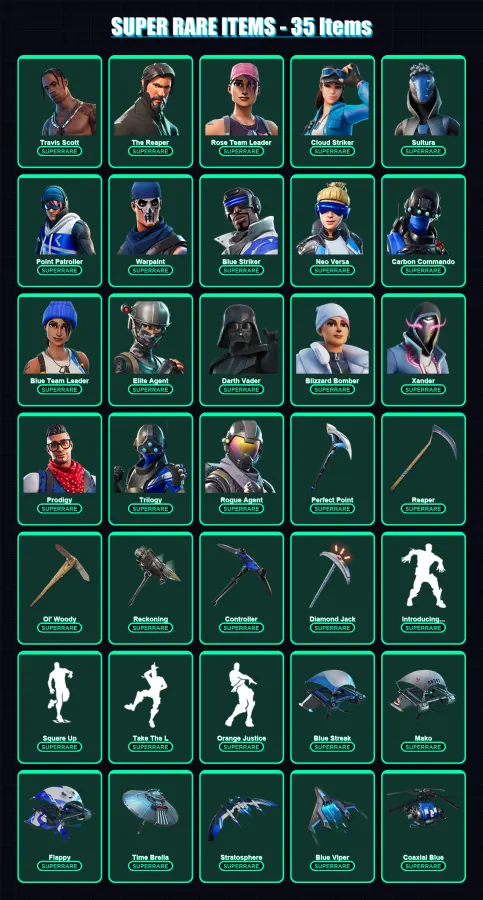 [PS4/PS5/XBOX/PC] | Travis Scott | The Reaper | Rose Team Leader | Cloud Striker | Sultura | 303 skin | 318 pickaxe | 237 emote | 249 glider | Lv333