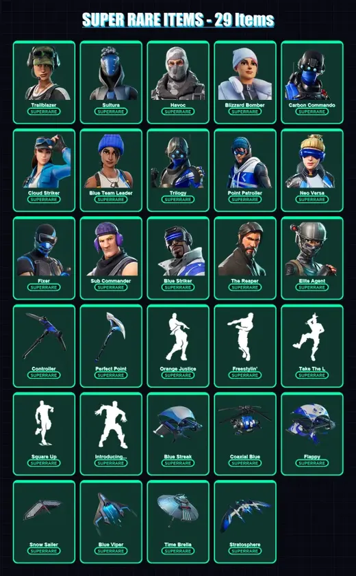 [PS4/PS5/XBOX/PC] | Trailblazer | Sultura | Havoc | Blizzard Bomber | Carbon Commando | 60 skin | 74 pickaxe | 68 emote | 71 glider | Lv1207