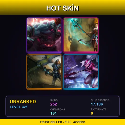 TW | Hextech Sion | Hextech Janna | Victorious Jarvan IV | Challenger Nidalee | 252 Skin | 161 Champ | Lv321