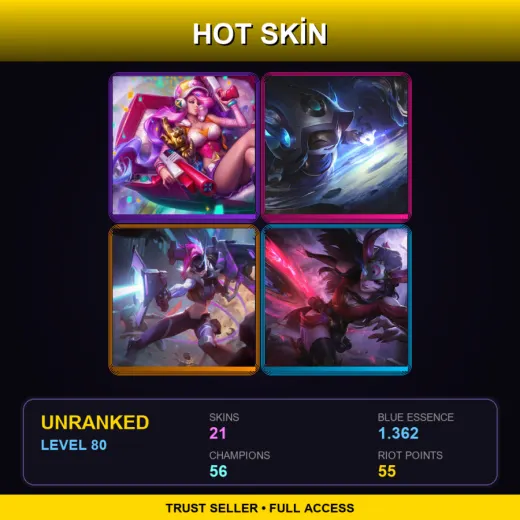 EUW | Arcade Miss Fortune | Cosmic Enchantress Lulu | PROJECT: Jinx | Blood Moon Sivir | 21 Skin | 56 Champ | Lv80