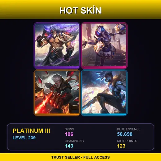 SG | Victorious Tryndamere | Victorious Orianna | Conqueror Varus | High Noon Mordekaiser | 106 Skin | 143 Champ | Platinum III | Lv239