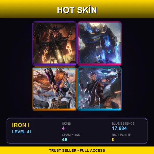BR | High Noon Senna | Mecha Kingdoms Garen | Battle Bunny Miss Fortune | PsyOps Ezreal | 4 Skin | 46 Champ | Iron I | Lv41