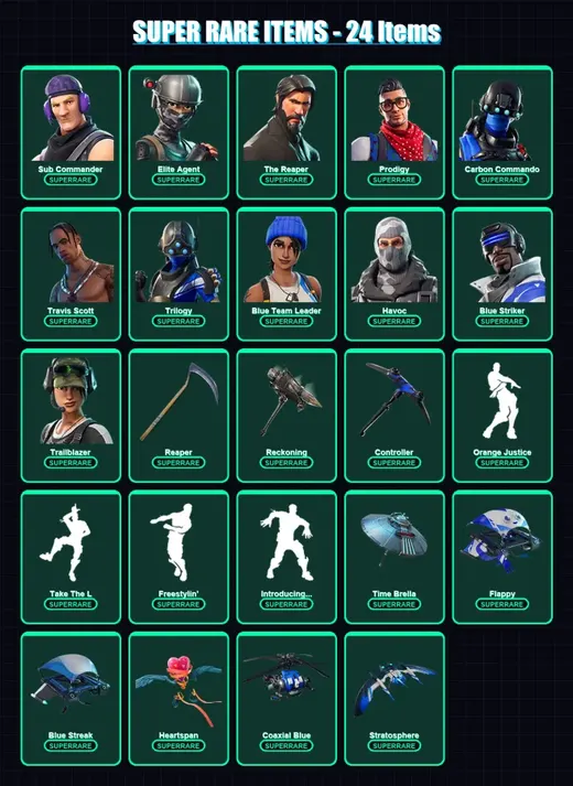 [SWITCH/XBOX/PC] | Sub Commander | Elite Agent | The Reaper | Prodigy | Carbon Commando | 97 skin | 59 pickaxe | 62 emote | 58 glider | Lv758