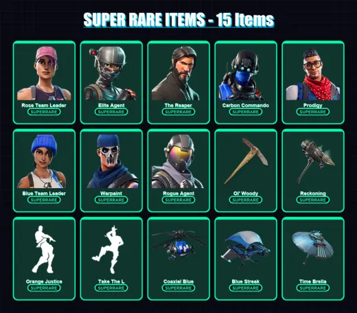 [PS4/PS5/XBOX/PC] | Rose Team Leader | Elite Agent | The Reaper | Carbon Commando | Prodigy | 86 skin | 98 pickaxe | 89 emote | 95 glider | Lv1341