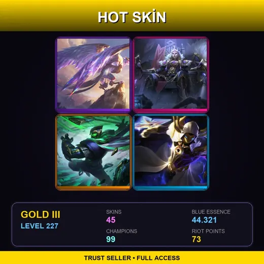 LAN | Victorious Anivia | Victorious Sejuani | Conqueror Jax | Cosmic Reaver Kassadin | 45 Skin | 99 Champ | Gold III | Lv227