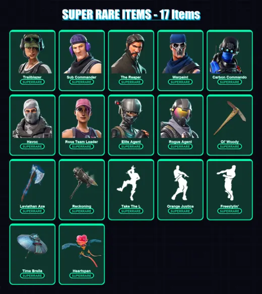 [PC/XBOX/PSN] | Trailblazer | Sub Commander | The Reaper | Warpaint | Carbon Commando | 106 skin | 142 pickaxe | 97 emote | 126 glider | Lv1710