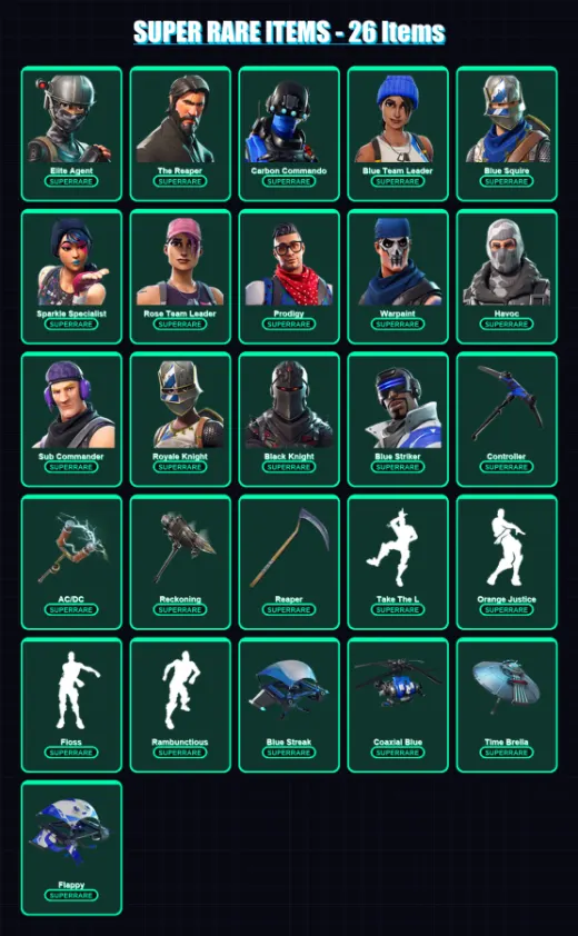 [PS4/PS5/XBOX/PC] | Elite Agent | The Reaper | Carbon Commando | Blue Team Leader | Blue Squire | 83 skin | 37 pickaxe | 46 emote | 42 glider | Lv45