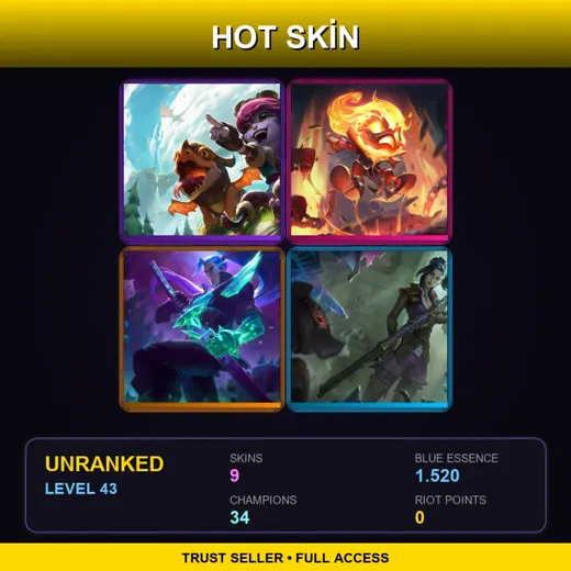 LAN | Dragon Trainer Tristana | Infernal Amumu | Battle Boss Yasuo | Arcane Enforcer Caitlyn | 9 Skin | 34 Champ | Lv43 — Dragon Trainer Tristana