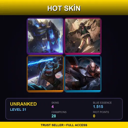 BR | Mecha Kingdoms Garen | Safari Caitlyn | Chosen Master Yi | Hired Gun Lucian | 4 Skin | 28 Champ | Lv31 — Hired Gun Lucian