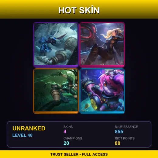 LAS | Tundra Hunter Warwick | Riot Kayle | Headhunter Nidalee | Riot Girl Tristana | 4 Skin | 20 Champ | Lv48