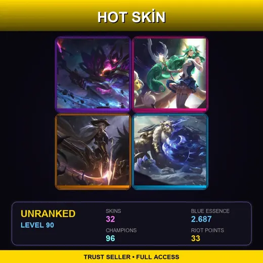 LAS | Dark Star Mordekaiser | Star Guardian Soraka | High Noon Ashe | Duality Dragon Volibear | 32 Skin | 96 Champ | Lv90