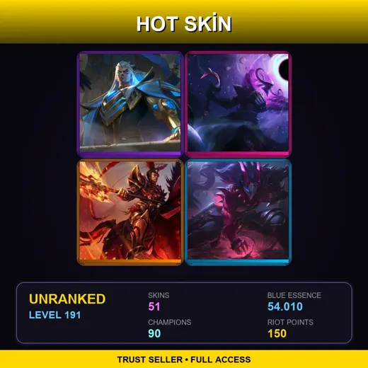BR | Hextech Swain | Blood Moon Tryndamere | Battle Academia Katarina | Elderwood Karthus | 51 Skin | 90 Champ | Lv191