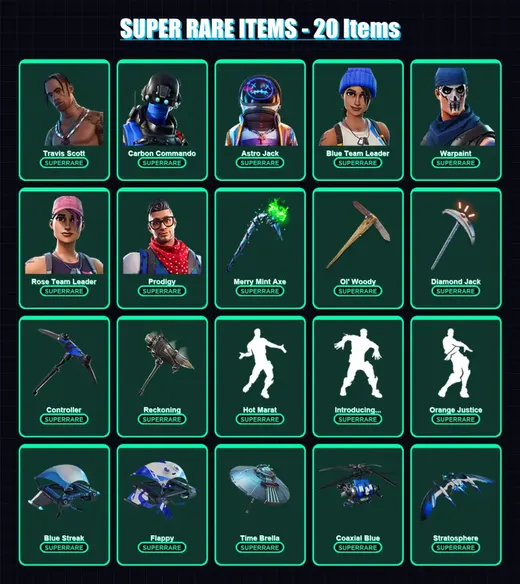 [PS4/PS5/PC] | Travis Scott | Carbon Commando | Astro Jack | Blue Team Leader | Warpaint | 105 skin | 96 pickaxe | 128 emote | 104 glider | Lv1265